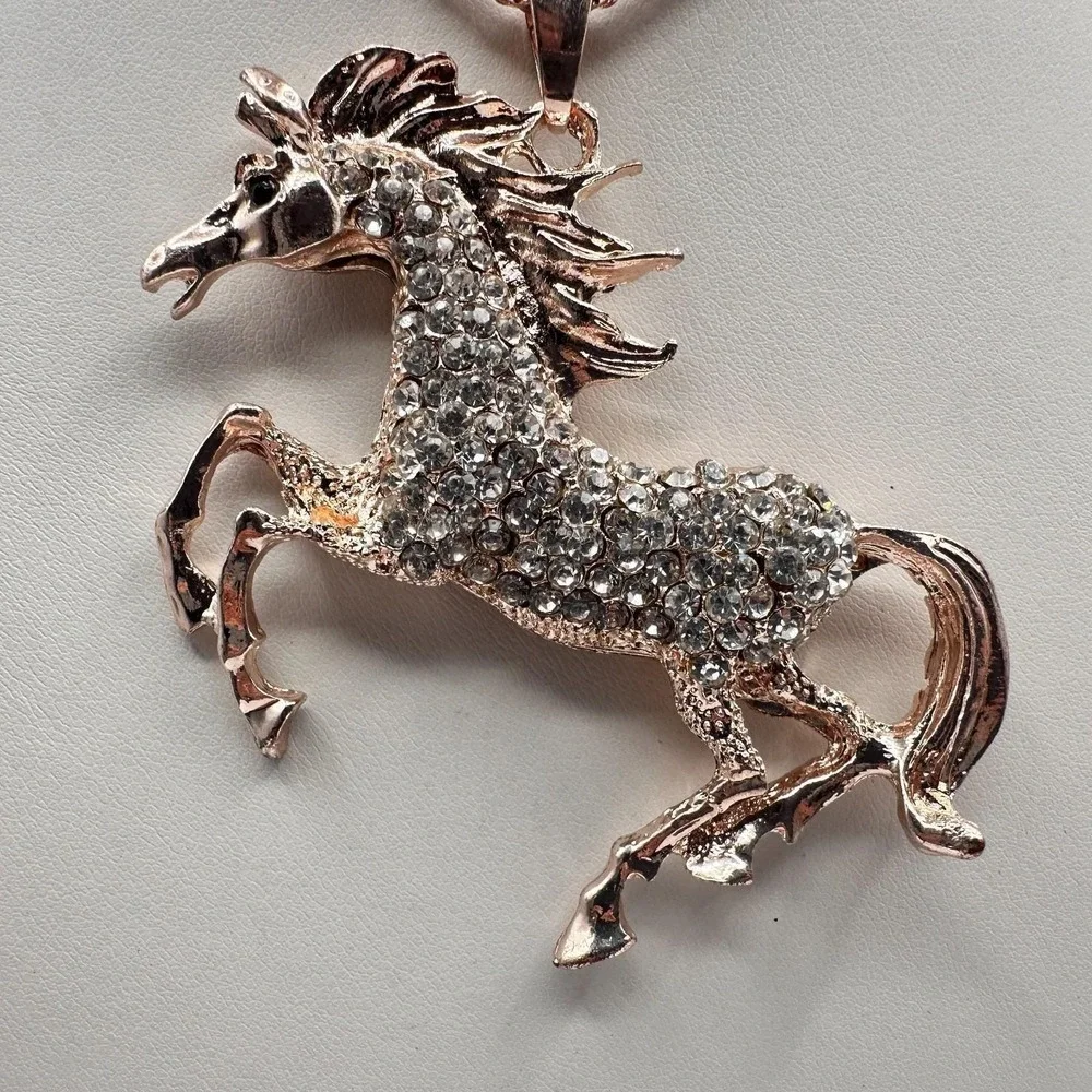 Vintage 90s Betsey Johnson Unicorn Necklace Rose Gold Tone Glass Pendant Jewelry